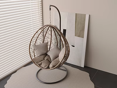 Cozy Wicker Hanging Chair with Gray Cushions by Window Blinds on Soft Rug and Wall Painting 3d model