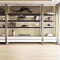 Elegant Modern Golden Bookcase with Layered Design Glass Doors and Decorative Items in Living Room