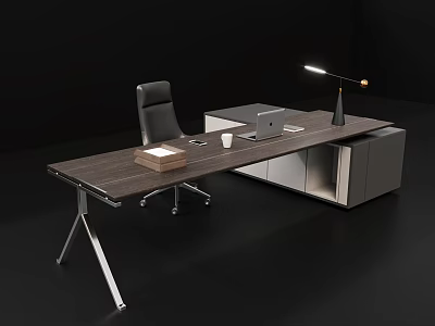 Modern Wooden Top Office Desk With Metal Legs Laptop Desk Lamp White Cup And Chair 3d model