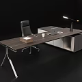 Modern Wooden Top Office Desk With Metal Legs Laptop Desk Lamp White Cup And Chair
