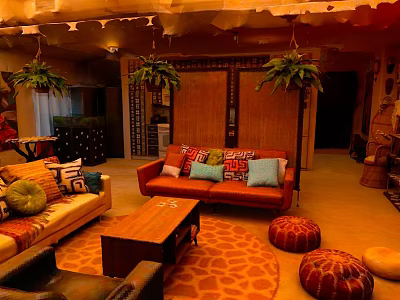 Cozy Living Room Interior With Hanging Plants Colorful Pillows And Patterned Rug 3d model