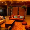 Cozy Living Room Interior With Hanging Plants Colorful Pillows And Patterned Rug