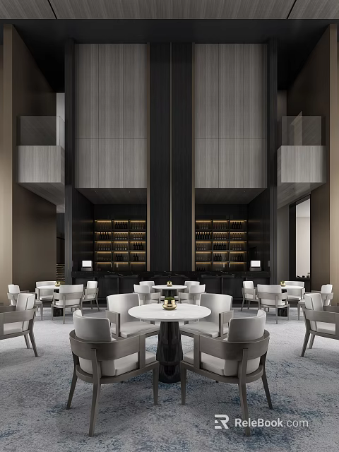 Modern Sales Office Interior With Dark Wood Walls Bookshelves White Round Tables And Chairs 3d model 