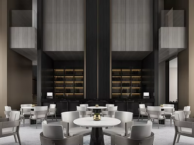 Modern Sales Office Interior With Dark Wood Walls Bookshelves White Round Tables And Chairs 3d model