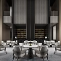 Modern Sales Office Interior With Dark Wood Walls Bookshelves White Round Tables And Chairs