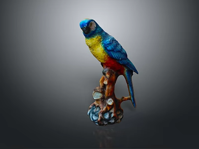 Colorful Parrot Perched On Decorative Branch With Intricate Ornaments Against Dark Background 3d model