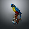 Colorful Parrot Perched On Decorative Branch With Intricate Ornaments Against Dark Background