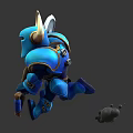 Horned Blue Armored Warrior Character Holding Giant Axe With Small Stones On Base