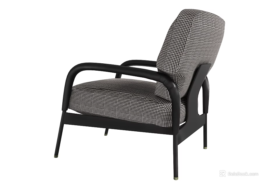 Stylish Modern Accent Chair with Houndstooth Upholstery Curved Armrests and Black Frame 3d model 