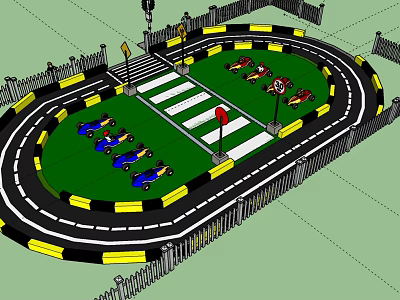 Mini Go Kart Racing Track With Colorful Karts Safety Fences And Road Signs 3d model