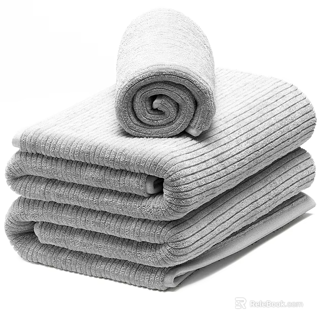 Gray Bath Towels Neatly Stacked With Rolled Towel On Top For Daily Use 3d model 