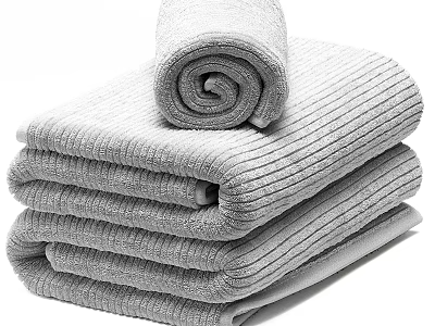 Gray Bath Towels Neatly Stacked With Rolled Towel On Top For Daily Use 3d model