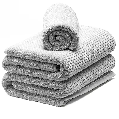 Gray Bath Towels Neatly Stacked With Rolled Towel On Top For Daily Use 3d model