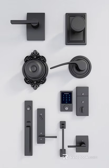 Ornate Door Handle Lever And Knob With Black Metal Lock And Digital Control Panel 3d model 
