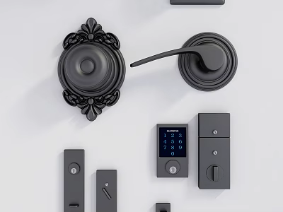 Ornate Door Handle Lever And Knob With Black Metal Lock And Digital Control Panel 3d model