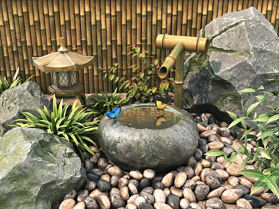 Charming Garden Ornament With Bamboo Fence Stone Lantern Bamboo Spout Stone Basin And Pebbles 3d model
