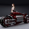 Shiny Red Motorcycle With Modern Design And Woman In White Dress Standing Next