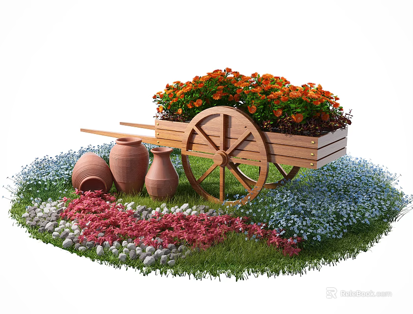 Charming Garden Decor with Wooden Wheelbarrow Orange Red Flowers Clay Pots and Colorful Small Flowers 3d model 