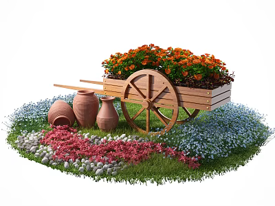 Charming Garden Decor with Wooden Wheelbarrow Orange Red Flowers Clay Pots and Colorful Small Flowers 3d model