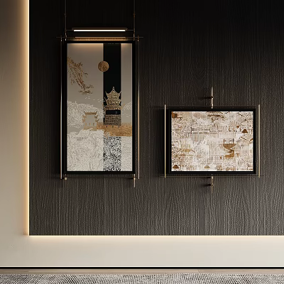 Traditional Chinese Decorative Paintings On Dark Wooden Wall With Artistic Elements 3d model