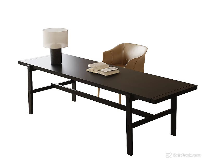 Modern Black Desk With Table Lamp Open Notebook And Brown Chair 3d model 
