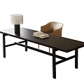 Modern Black Desk With Table Lamp Open Notebook And Brown Chair