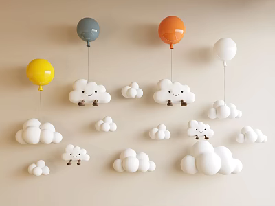 Cute Wall Decor With Colorful Balloons And Multiple Smiling Clouds 3d model