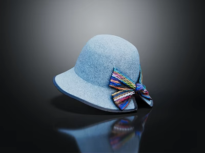 Stylish Light Blue Hat with Colorful Bow and Reflection on Dark Background 3d model