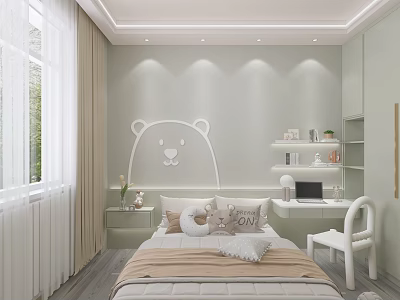 Modern Kids Room Light Green Walls Bear Head Decor Bed Desk Shelves With Natural Light 3d model
