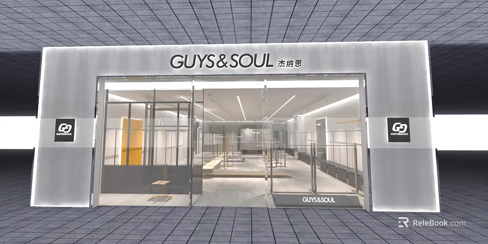 Modern Clothing Store Interior Design With Glass Facade Bright Lighting And Display Racks 3d model 