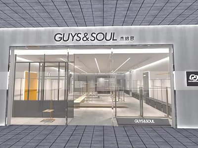 Modern Clothing Store Interior Design With Glass Facade Bright Lighting And Display Racks 3d model