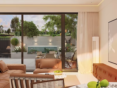 Modern Living Room Interior Design With Floor To Ceiling Windows Garden View And Brown Sofa 3d model