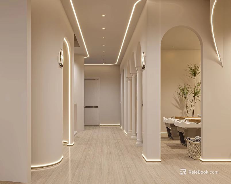 Modern Beauty Hair Salon Interior With Arched Doorways Soft Lighting And Plant Decor 3d model 