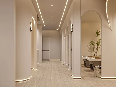 Modern Beauty Hair Salon Interior With Arched Doorways Soft Lighting And Plant Decor 3d model