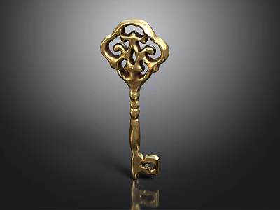 Golden Antique Style Key With Intricate Ornate Pattern And Detailed Carving 3d model