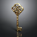 Golden Antique Style Key With Intricate Ornate Pattern And Detailed Carving