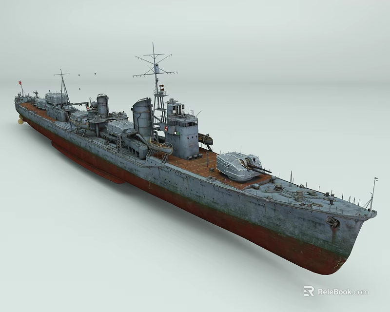 Vintage Warship With Gray Hull Red Bottom Turrets And Masts Structure 3d model 