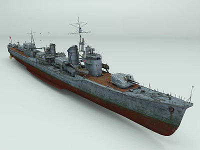 Vintage Warship With Gray Hull Red Bottom Turrets And Masts Structure 3d model