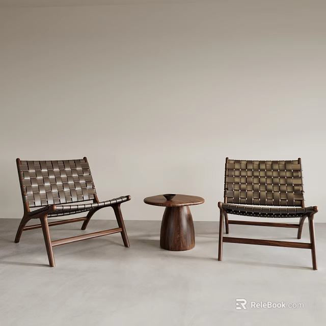 Modern Minimalist Solid Wood Round Tea Table with Woven Chairs in Contemporary Home 3d model 