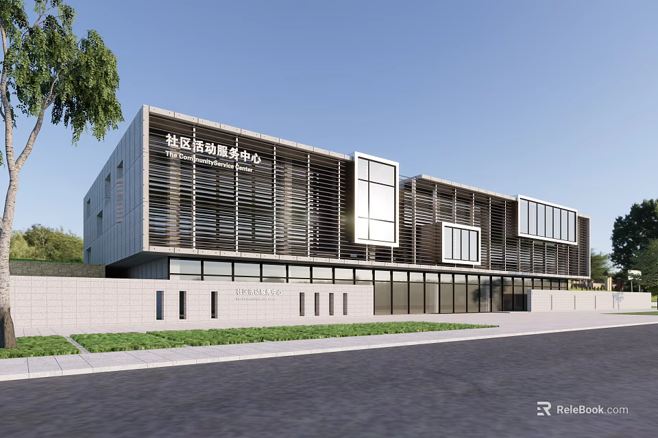 Community Activity Service Center Modern Architecture With Glass Facade And Greenery 3d model 