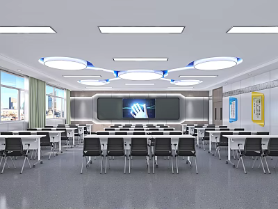 Modern School Classroom With Smartboard Desks Chairs Windows And Wall Decorations 3d model