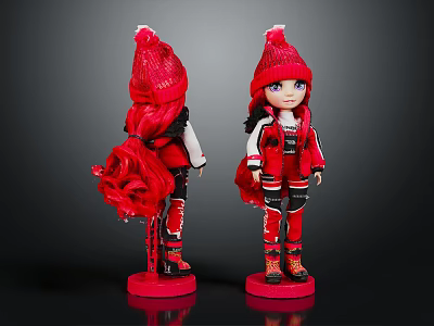 Two Character Dolls In Red Outfits With Red Hats Standing On Red Bases 3d model