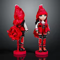 Two Character Dolls In Red Outfits With Red Hats Standing On Red Bases