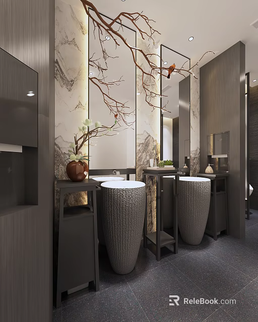 Elegant Modern Public Restroom With Gray Textured Sinks Black Cabinets Decorative Branches Vase And Mirrors 3d model 