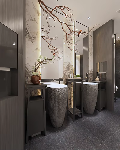 Elegant Modern Public Restroom With Gray Textured Sinks Black Cabinets Decorative Branches Vase And Mirrors 3d model