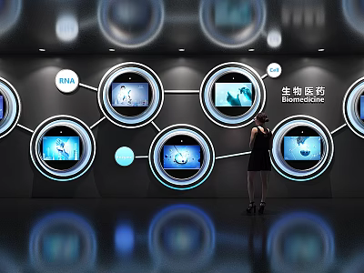 Biomedical Exhibition Wall With Circular Screens Displaying DNA And Interactive Content 3d model