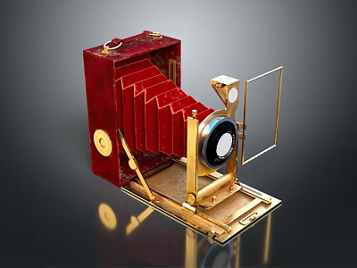 Vintage Red Foldable Camera With Golden Lens And Leather Body Design 3d model