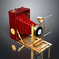 Vintage Red Foldable Camera With Golden Lens And Leather Body Design
