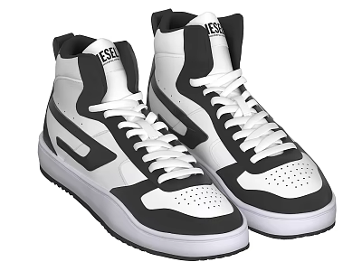 High Top Black and White Sneakers with USA Logo White Laces and Perforated Toe 3d model