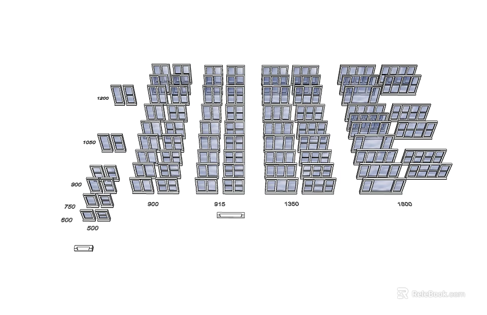 Stacked Window Panels In Various Sizes With Structural Dimension Markings 3d model